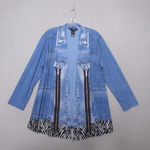 Ali Miles Cardigan Top Medium Blue Denim Print Zebra Trim Open Front Art Topper